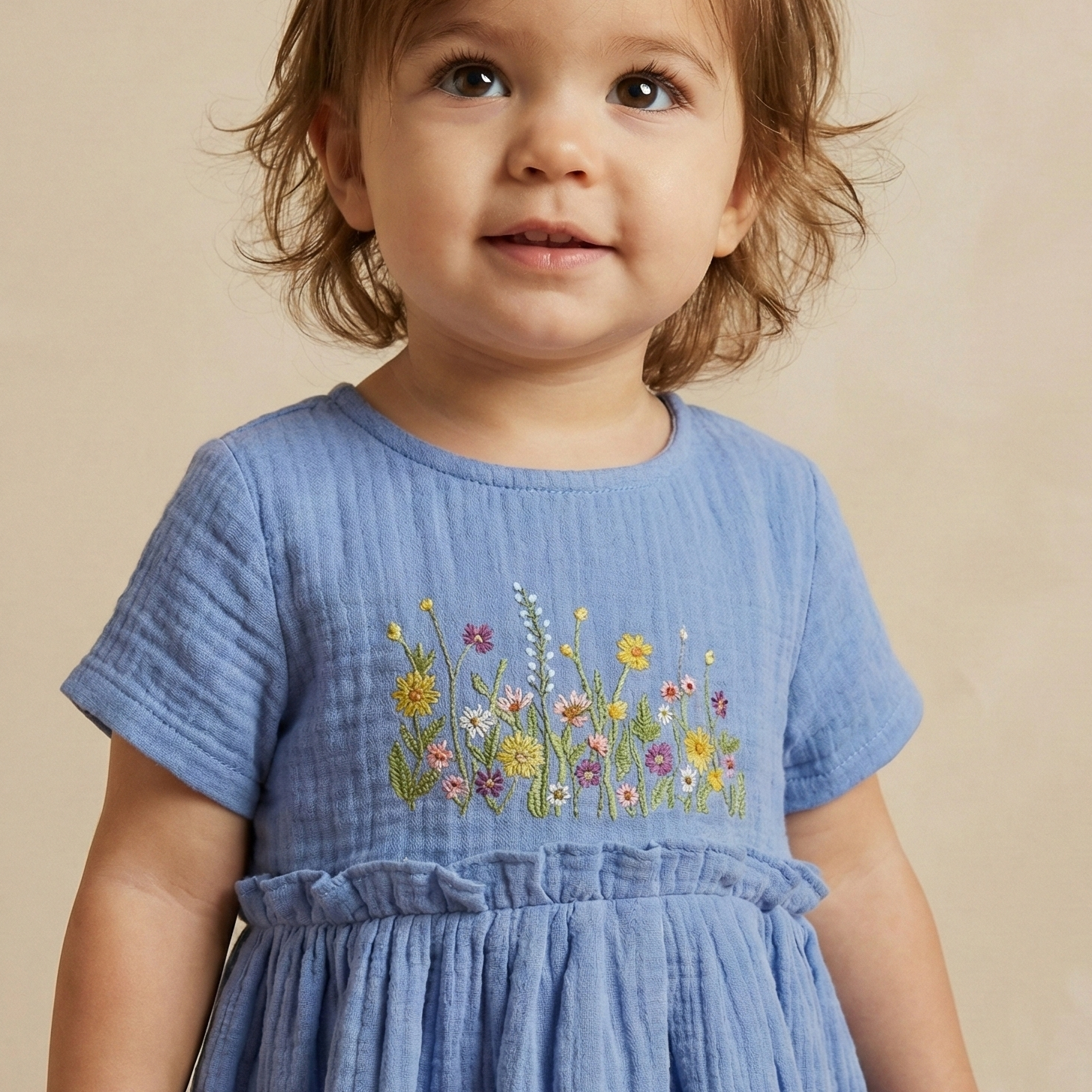 Child wearing a blue dress with floral embroidery on a beige background