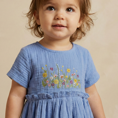 Child wearing a blue dress with floral embroidery on a beige background