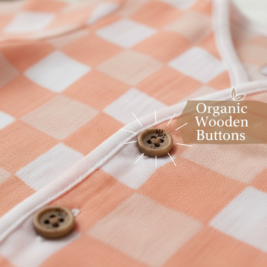 Checkered fabric with organic wooden buttons on a soft focus background