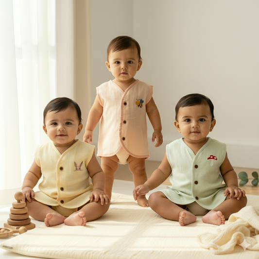 3pcs - Organic muslin sleeve less jabla- Pastel Pack