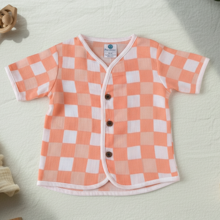 Checkered baby shirt on a light surface with toys and a plant