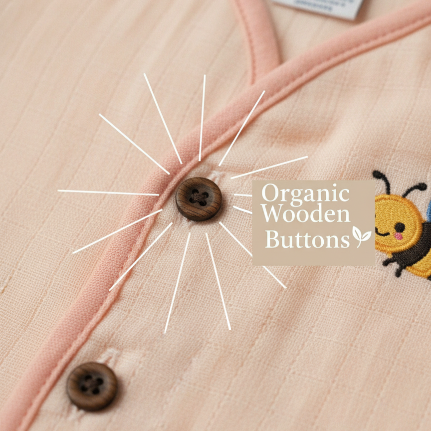 Close-up of a garment with organic wooden buttons and a brand label on a light pink background.