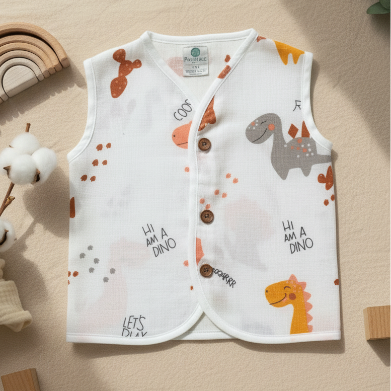 Baby vest with dinosaur pattern on a wooden surface