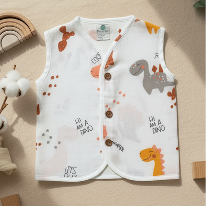 Baby vest with dinosaur pattern on a wooden surface