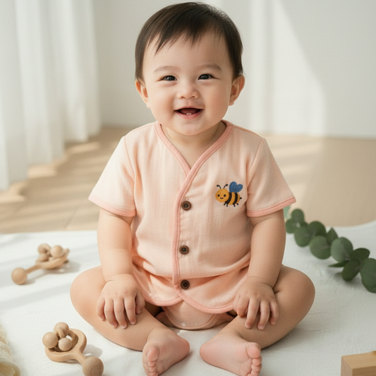 Baby in a pink outfit sitting on a white surface with wooden toys around