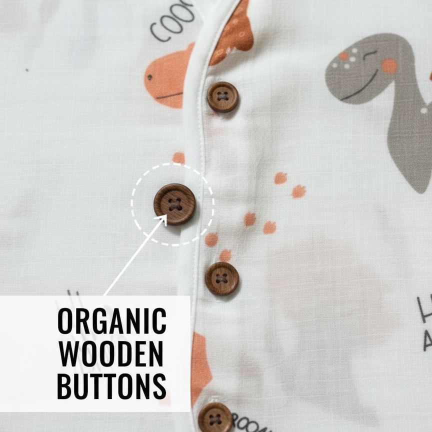 Baby onesie with dinosaur pattern and organic wooden buttons, labeled 'COOS' and 'ROARRR'.