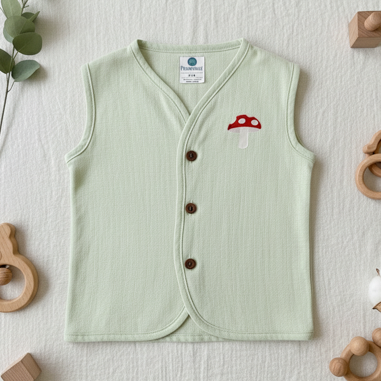 Light green baby vest with mushroom design on a white background with wooden toys and plants.