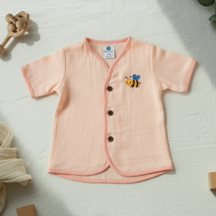 Pink baby shirt with bee design on a white surface with toys around
