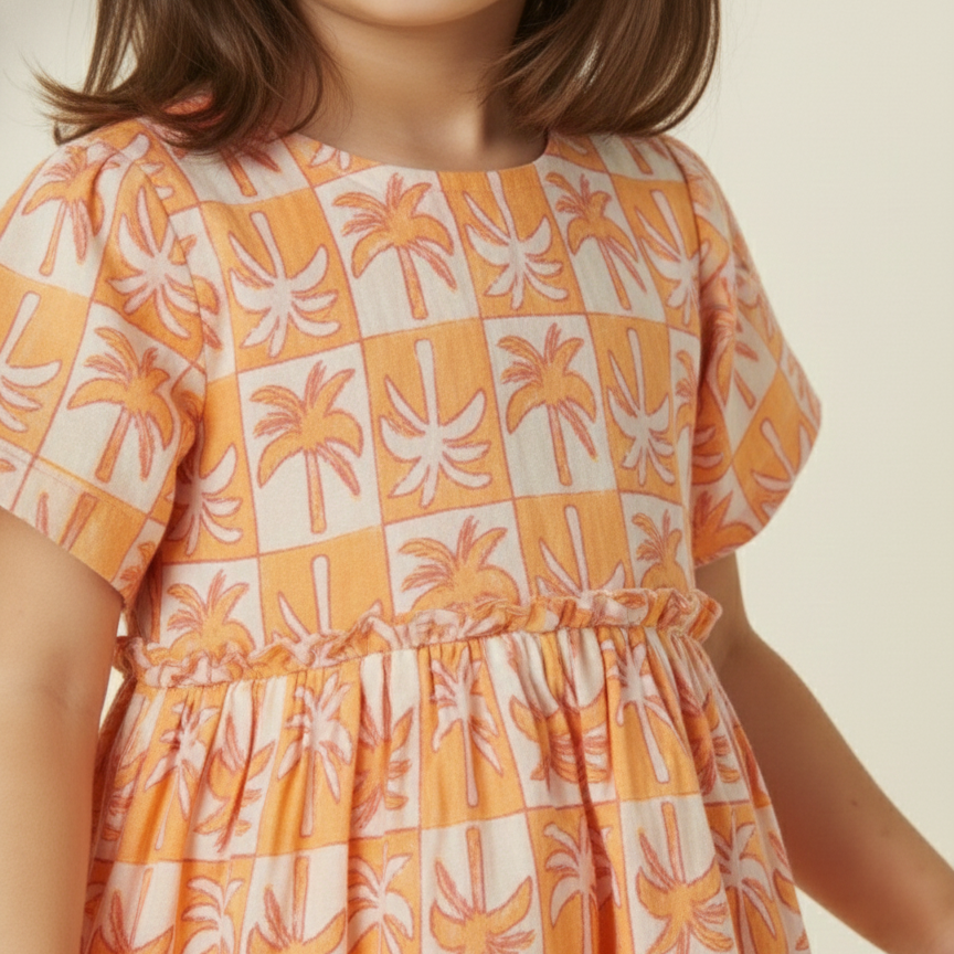 Child wearing a dress with orange and white palm tree pattern on a plain background