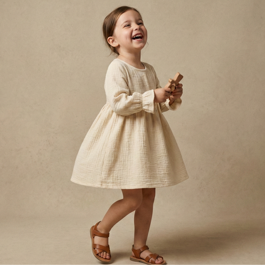 Young girl in a cream dress standing against a beige background