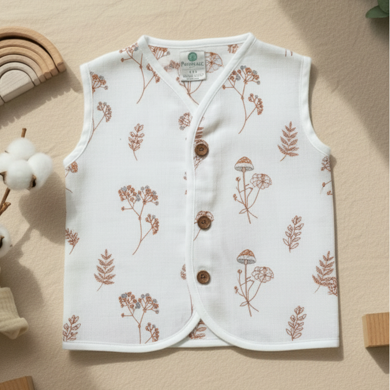 Baby vest with floral pattern on a wooden surface with cotton and wooden toys.