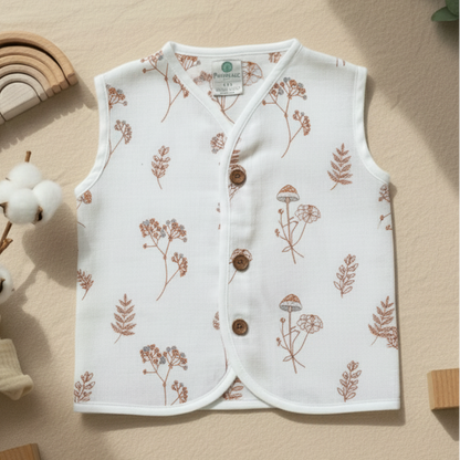 Baby vest with floral pattern on a wooden surface with cotton and wooden toys.