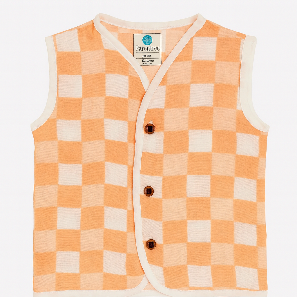 Organic Muslin Sleevless Jabla - Peach Gingham