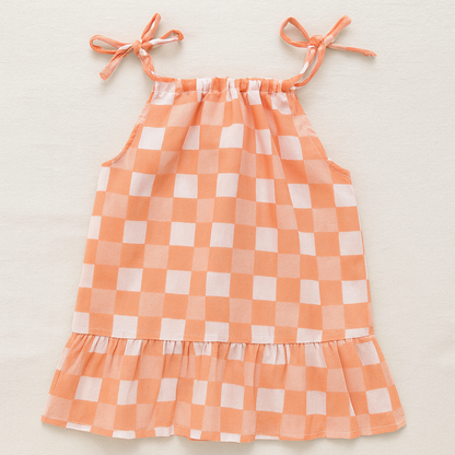 Gingham Peach- Organic Muslin Knot Frock.