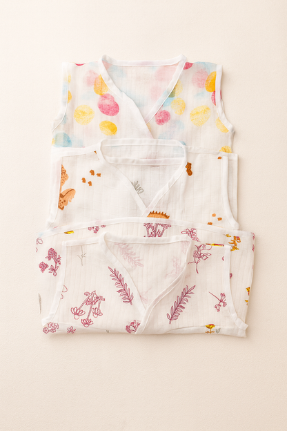 3pcs - Organic muslin sleeve less jabla- Jungle Joy