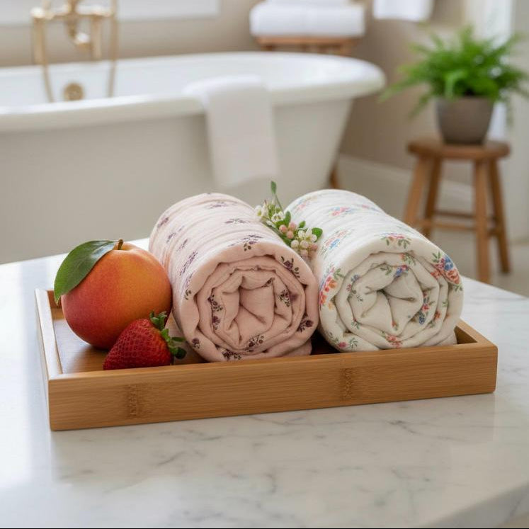 Three rolled-up towels on a wooden tray with fruits and flowers in a bathroom setting.