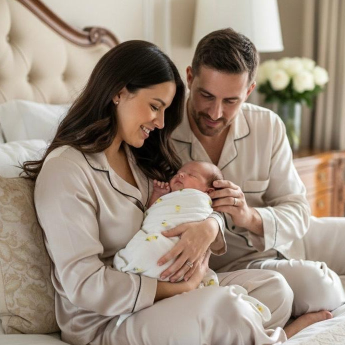 Couple in pajamas holding a baby on a bed in a cozy bedroom.