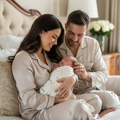 Couple in pajamas holding a baby on a bed in a cozy bedroom.