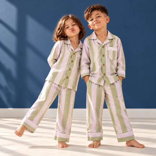 Unisex Crinkle Muslin Night Suit - Sage Blush