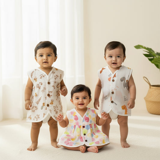 3pcs - Organic Muslin Frock Jabla- Forest combo
