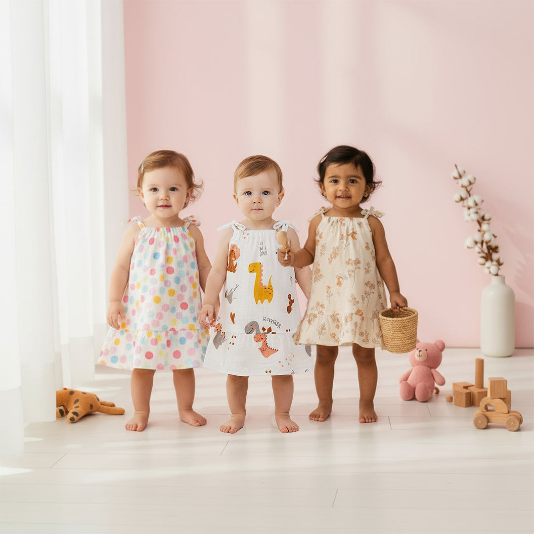 3pcs - Organic Muslin Knot Frock- Vibrant Pack