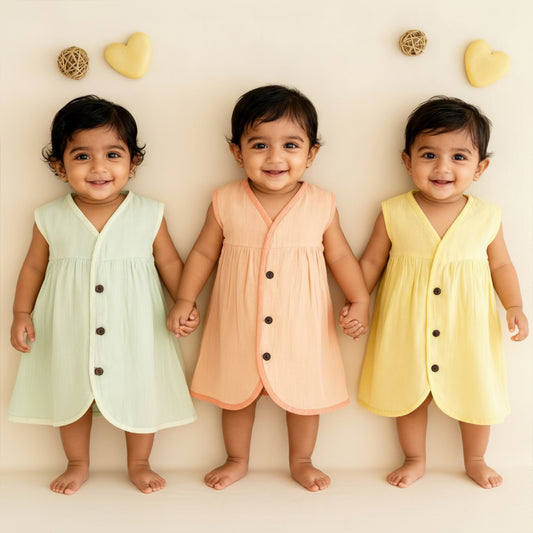 3pcs - Organic Muslin Frock Jabla -Pastel Pack