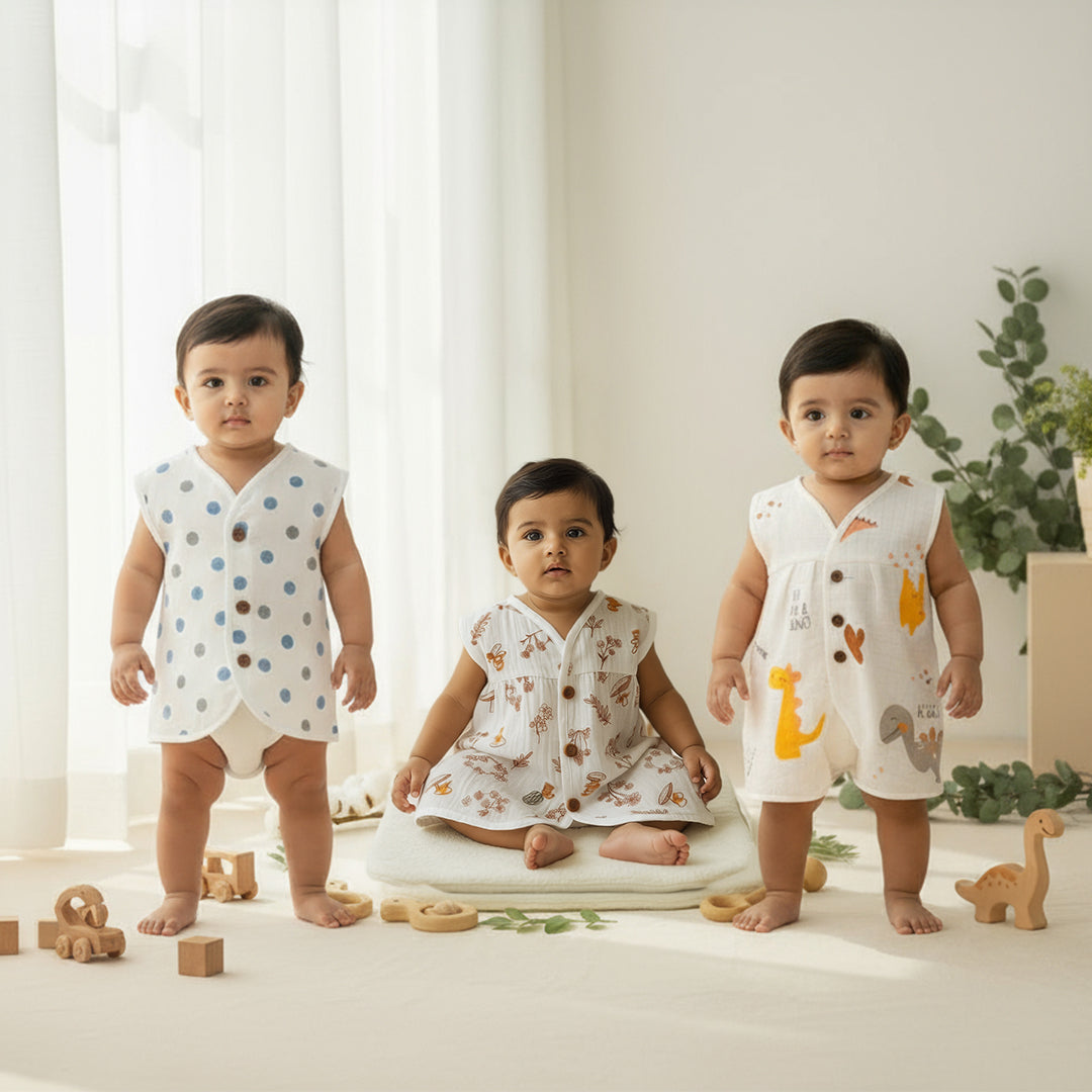 3pcs - Organic muslin sleeve less jabla- Jungle Joy