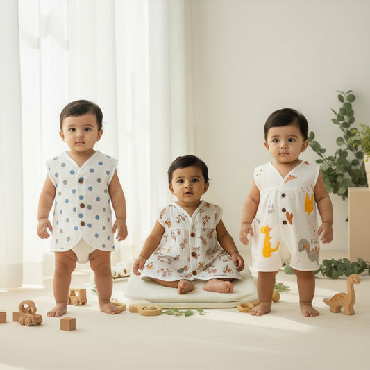 3pcs - Organic muslin sleeve less jabla- Jungle Joy