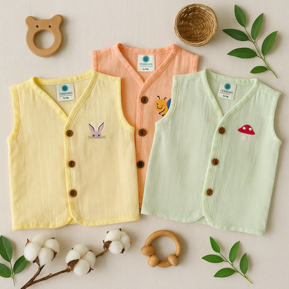 3pcs - Organic muslin sleeve less jabla- Pastel Pack