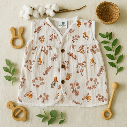 3pcs - Organic Muslin Frock Jabla- Forest combo