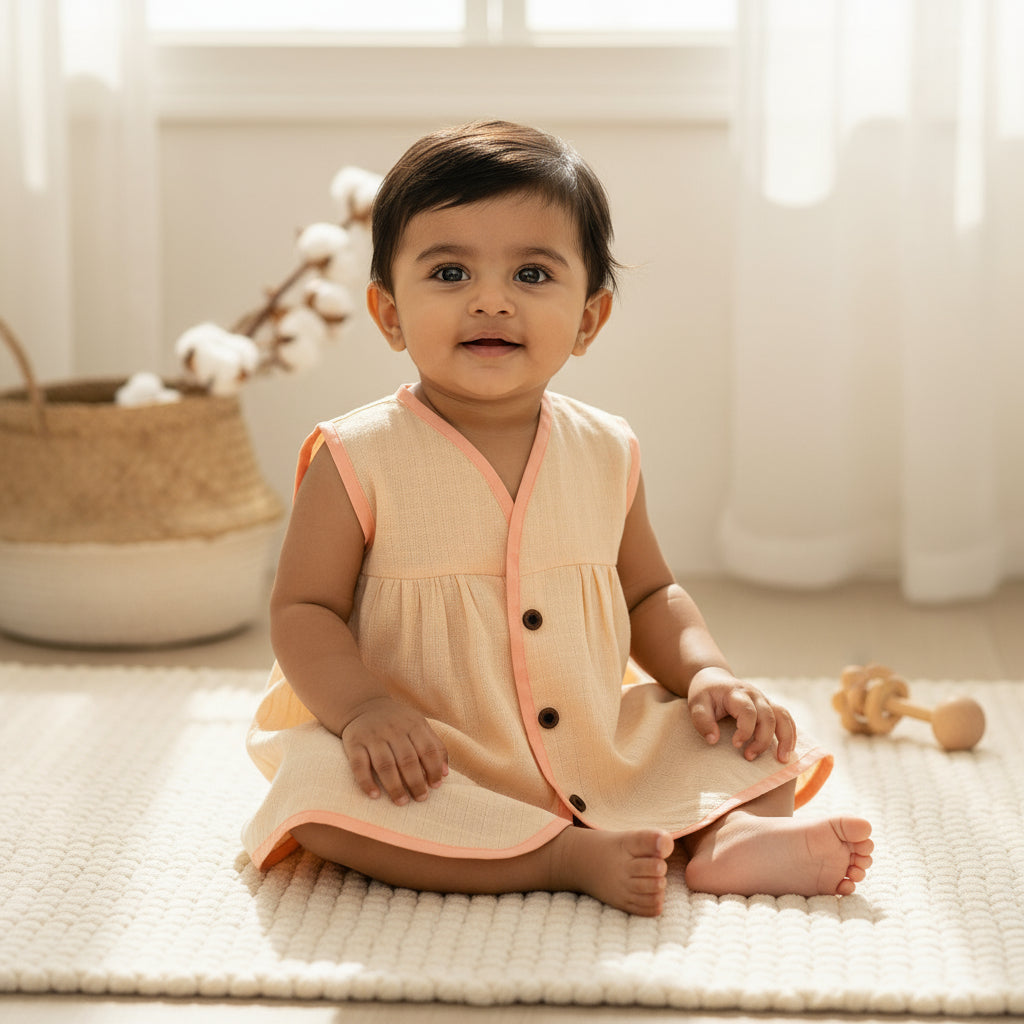 Organic Muslin Frock Jabla- Peach Glow