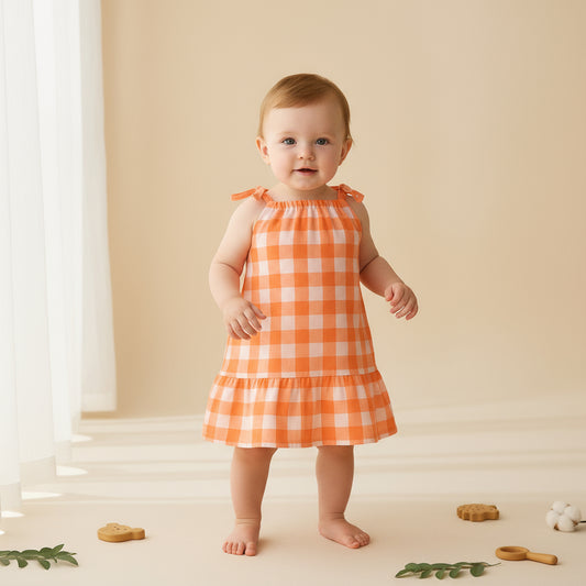 Gingham Peach- Organic Muslin Knot Frock.