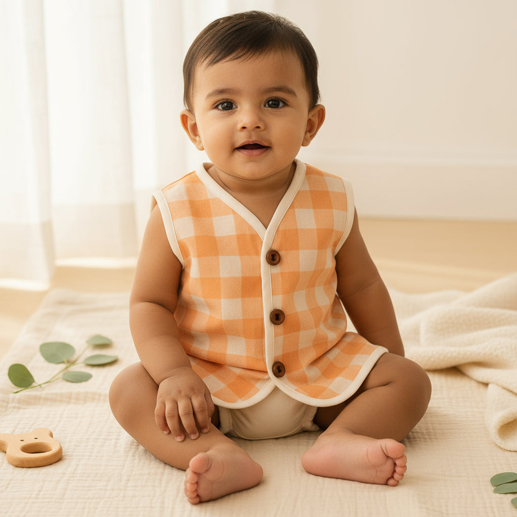 Organic Muslin Sleevless Jabla - Peach Gingham