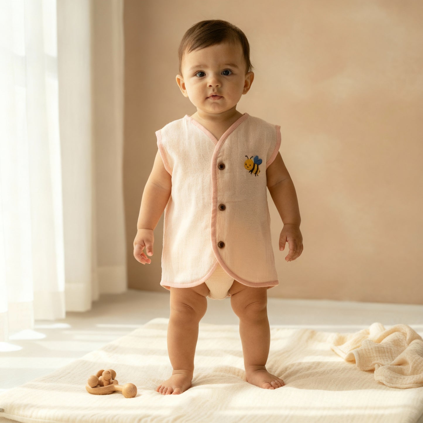 Organic Muslin Sleevless Jabla - Peachy Bee
