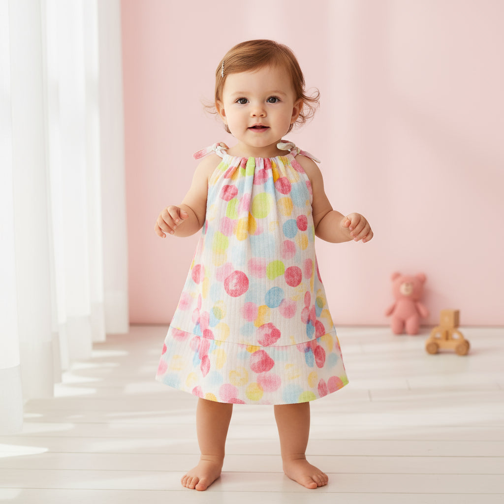 Rainbow bubbles- Organic Muslin Knot Frock.