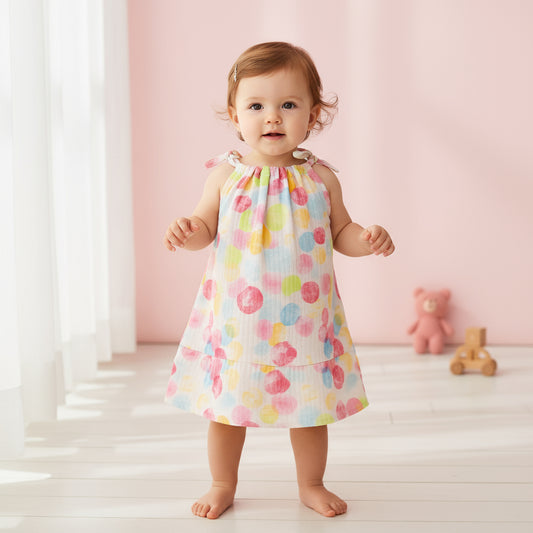 Rainbow bubbles- Organic Muslin Knot Frock.