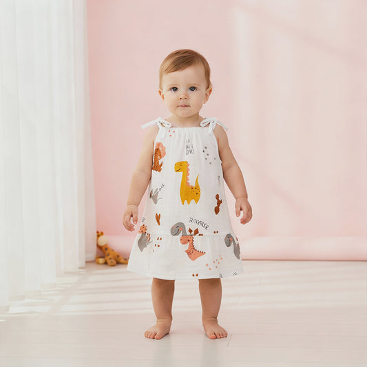Tiny Dino- Organic Muslin Knot Frock.